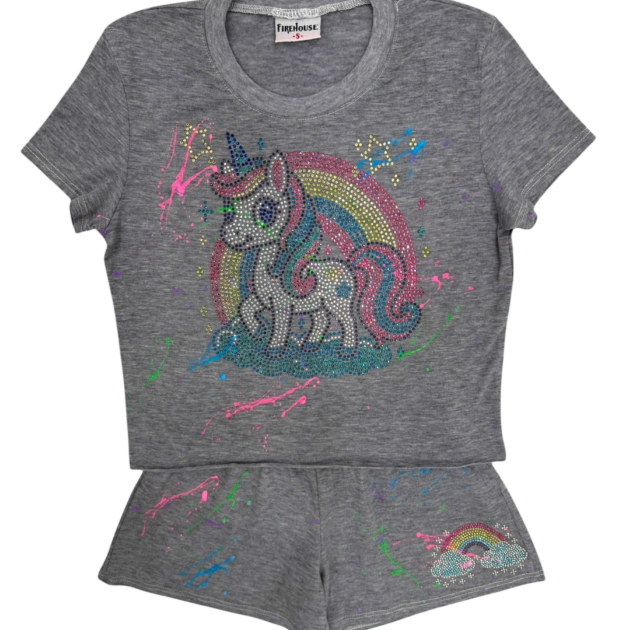 Grey Splatter Unicorn Rainbow Short Set